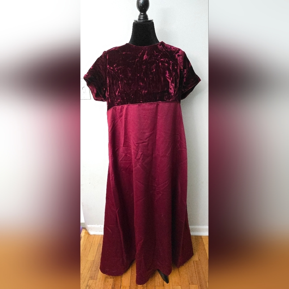 Cachet 20W Burgundy Satin and Velvet Short Sleeved Dress Empire Cherry Girl